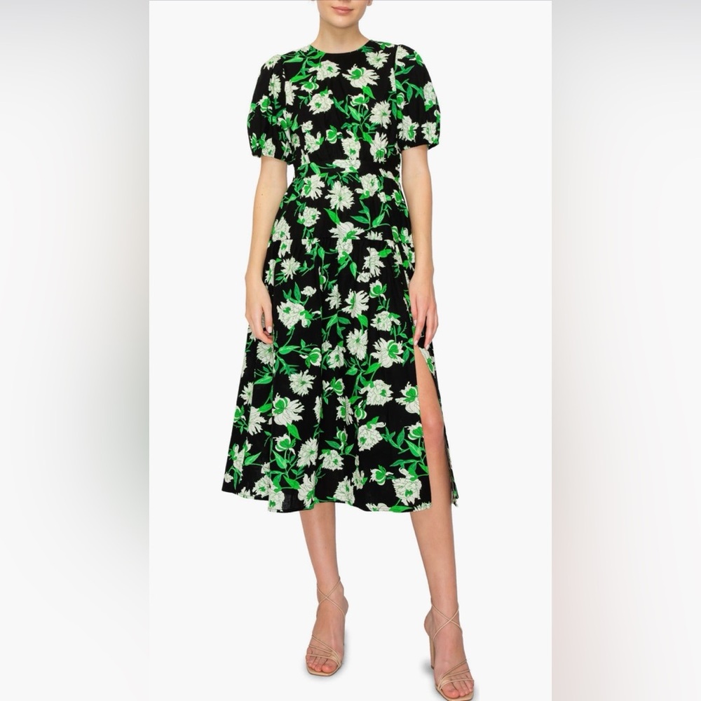 🌿 Melloday Black & Green Floral Midi Dress | Size M | EUC